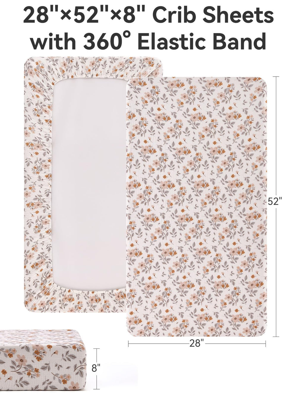TILLYOU muslin crib sheets yellow flower packaging shows easy care and machine washable.