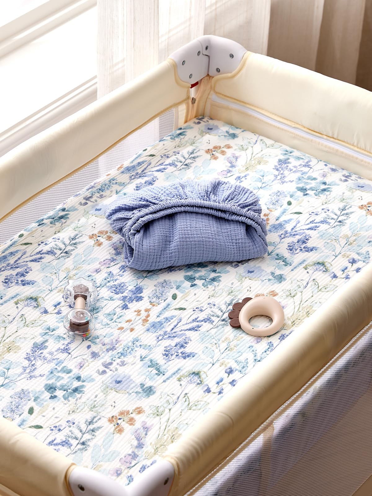 TILLYOU mini crib sheet blue flower, machine washable for easy care.