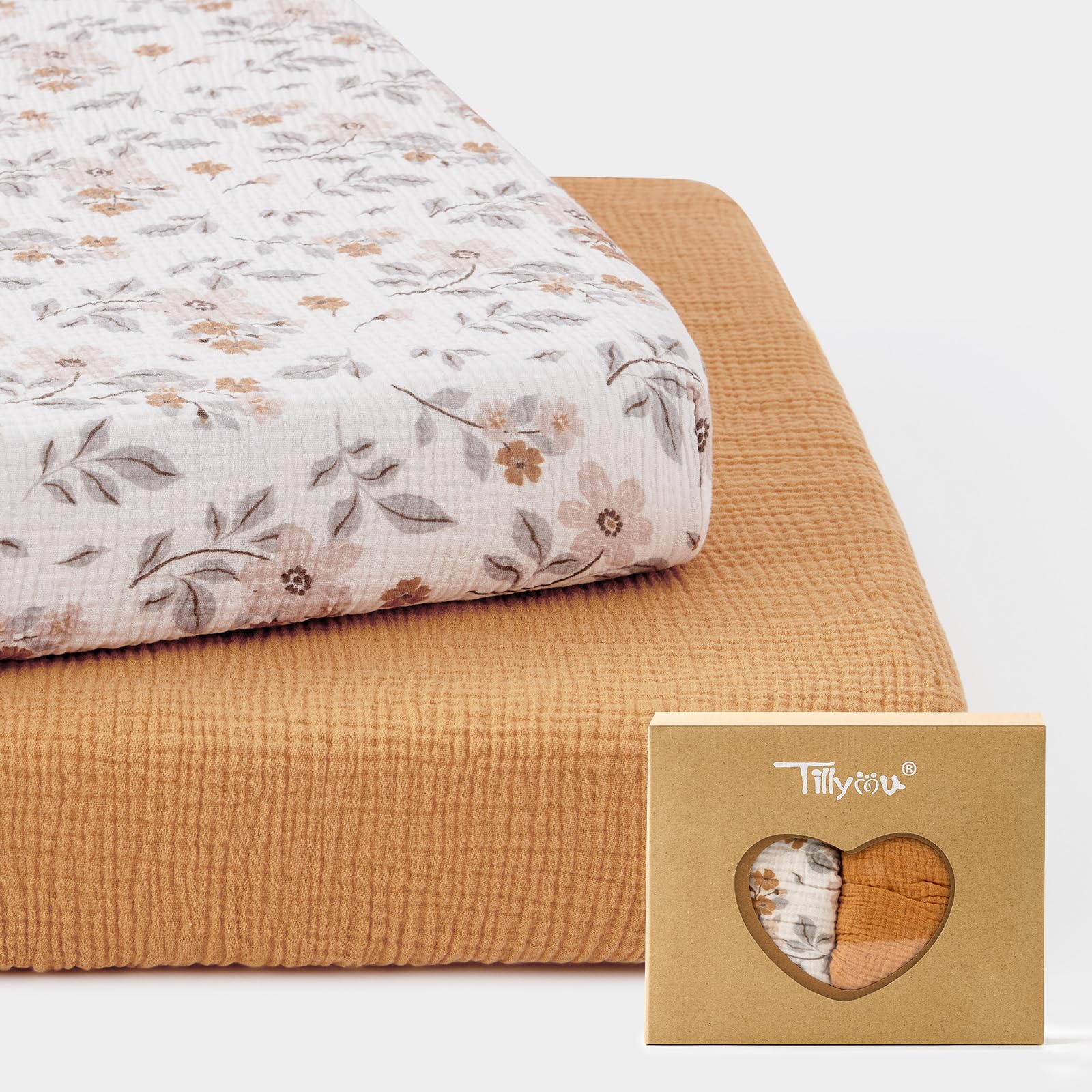 TILLYOU muslin mini crib sheets packaging highlights soft fabric for gentle baby comfort.