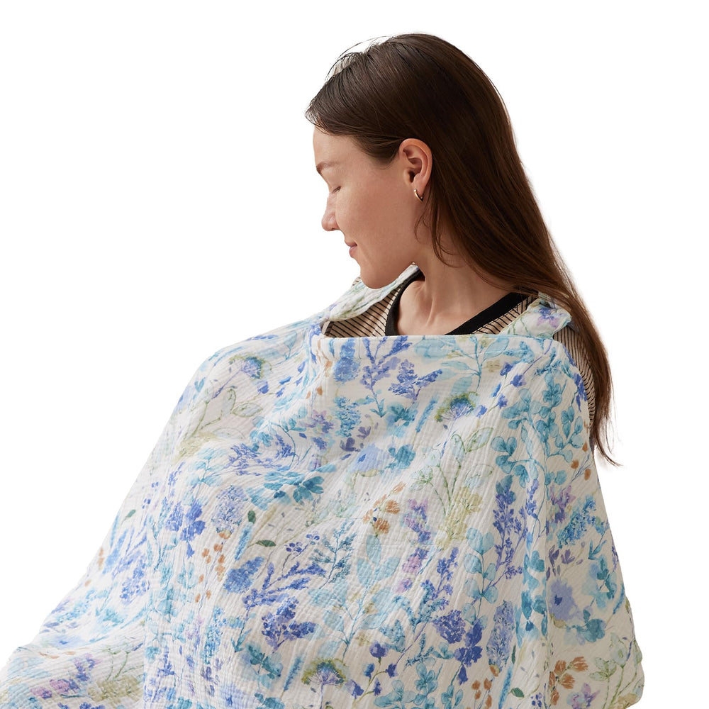 TILLYOU muslin nursing cover in blue flower provides full coverage for discreet breastfeeding
