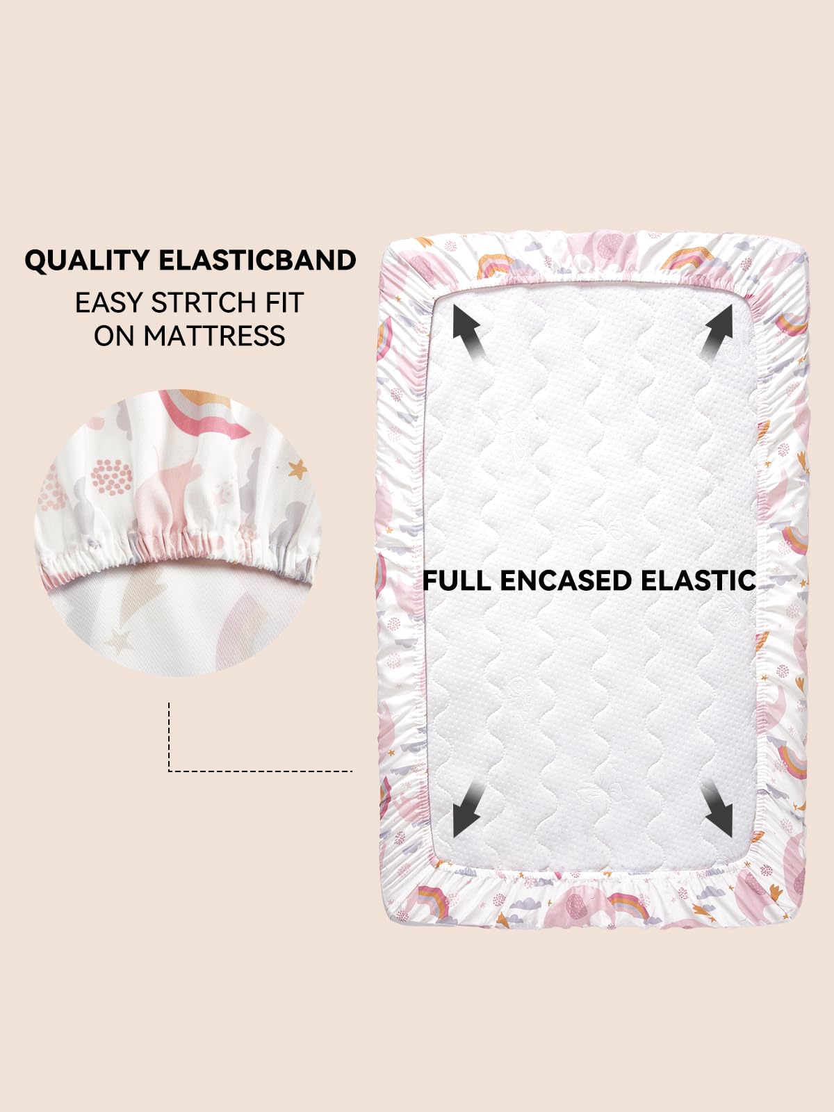 TILLYOU Pack N Play bedding with rainbow elephant pattern adds cheerful color to naps