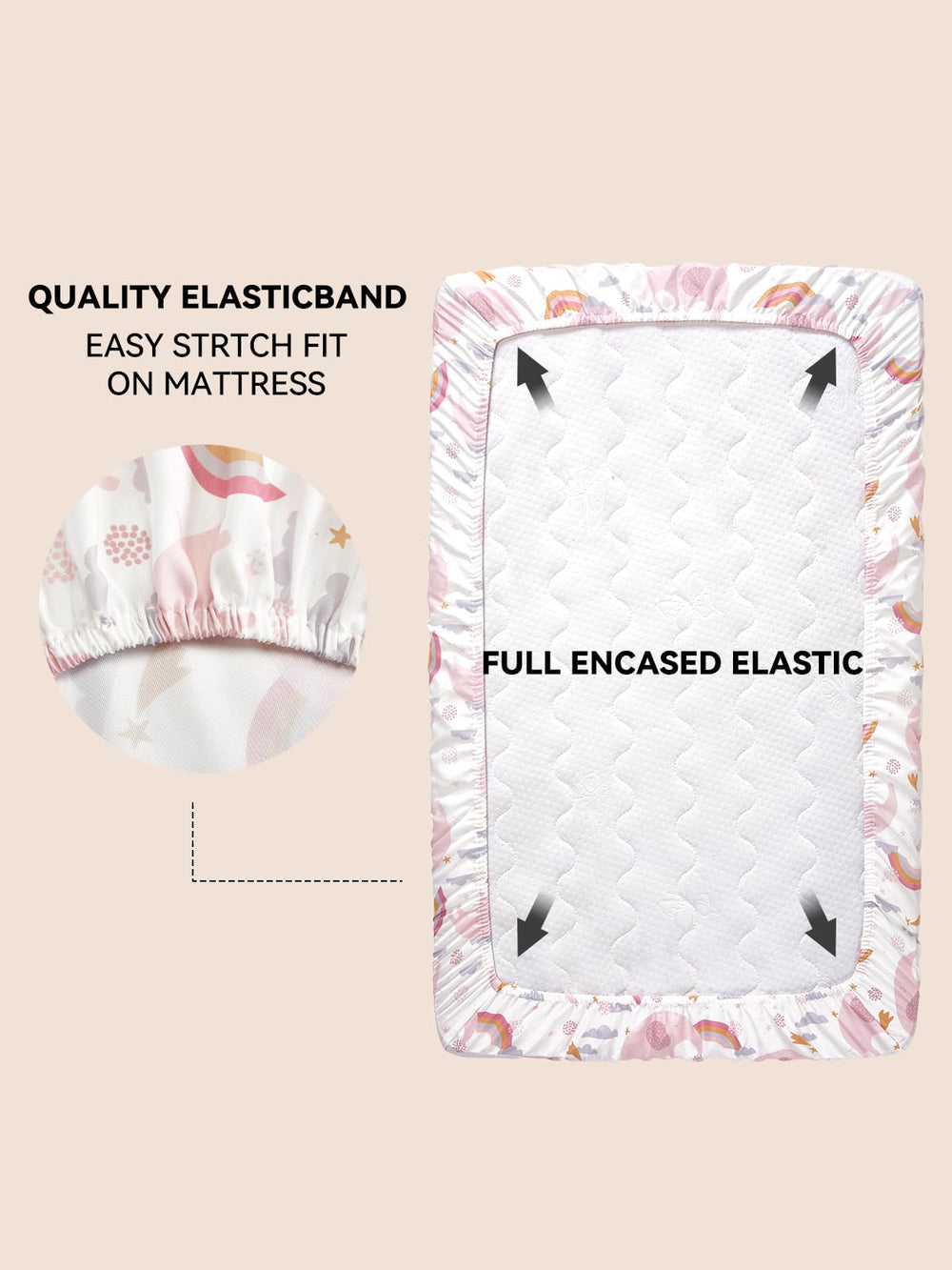 TILLYOU Pack N Play bedding with rainbow elephant pattern adds cheerful color to naps