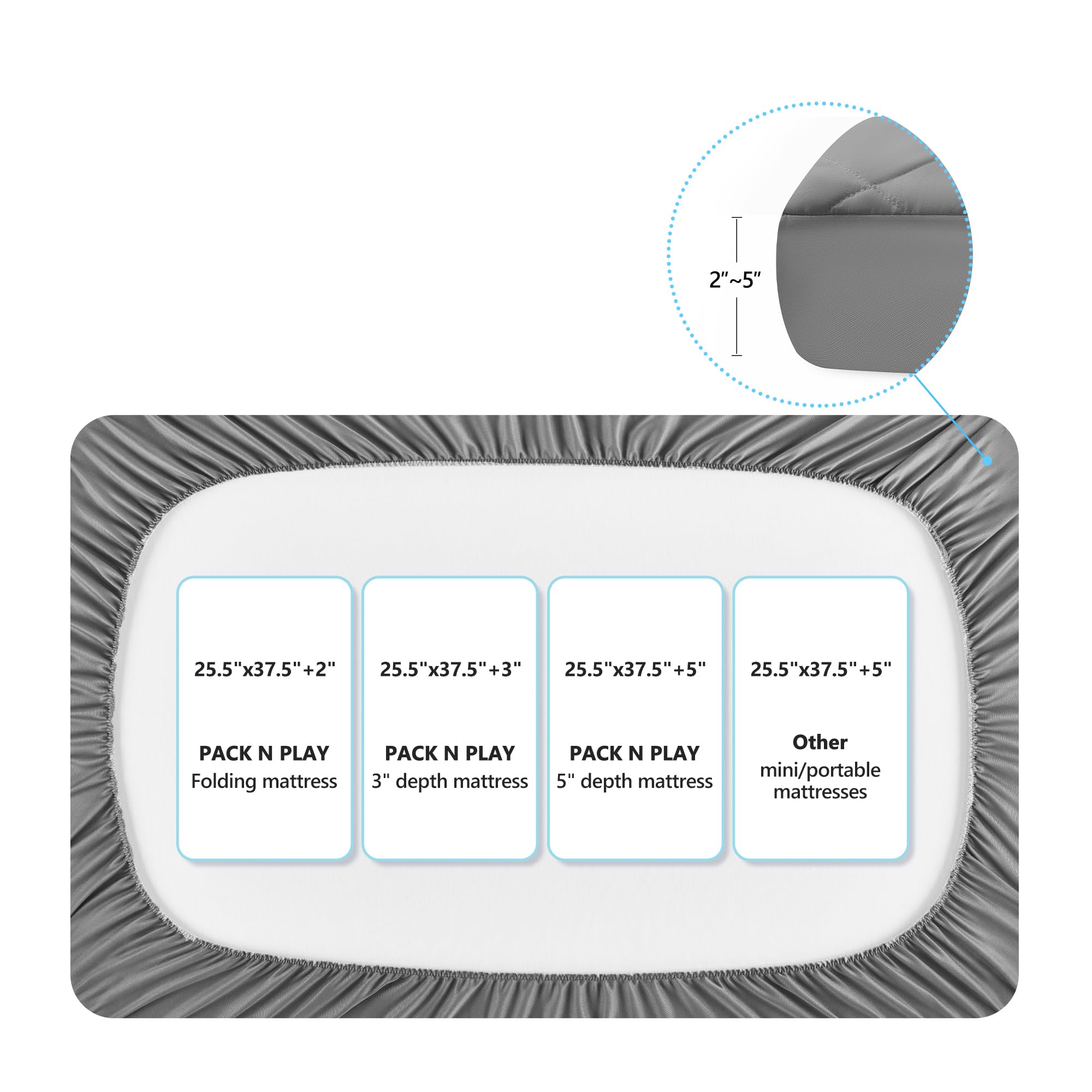 TILLYOU pack and play sheet in grey shows easy installation and snug fit.
