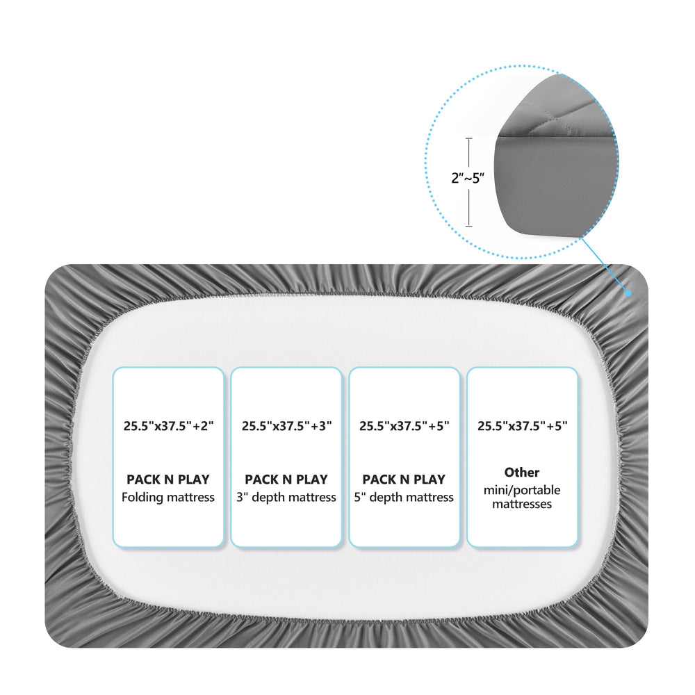 TILLYOU pack and play sheet in grey shows easy installation and snug fit.