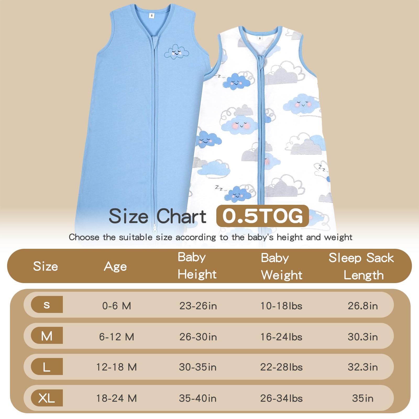 TILLYOU sleep sacks in sizes S to XL for growing babies.