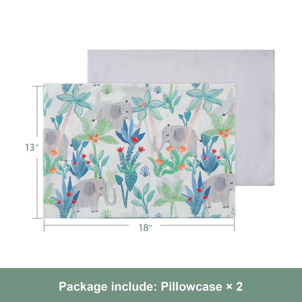 TILLYOU Rainforest Elephant pillowcase on bed with playful pattern