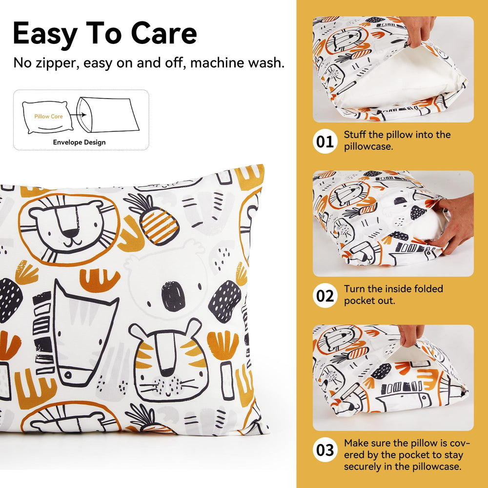 TILLYOU tightly stitched lion pillowcase, durable seams for daily toddler use.