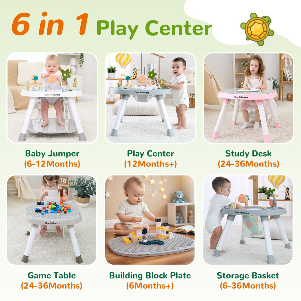 Time Followers 6-in-1 Baby Activity Center pink side view shows compact footprint for small spaces