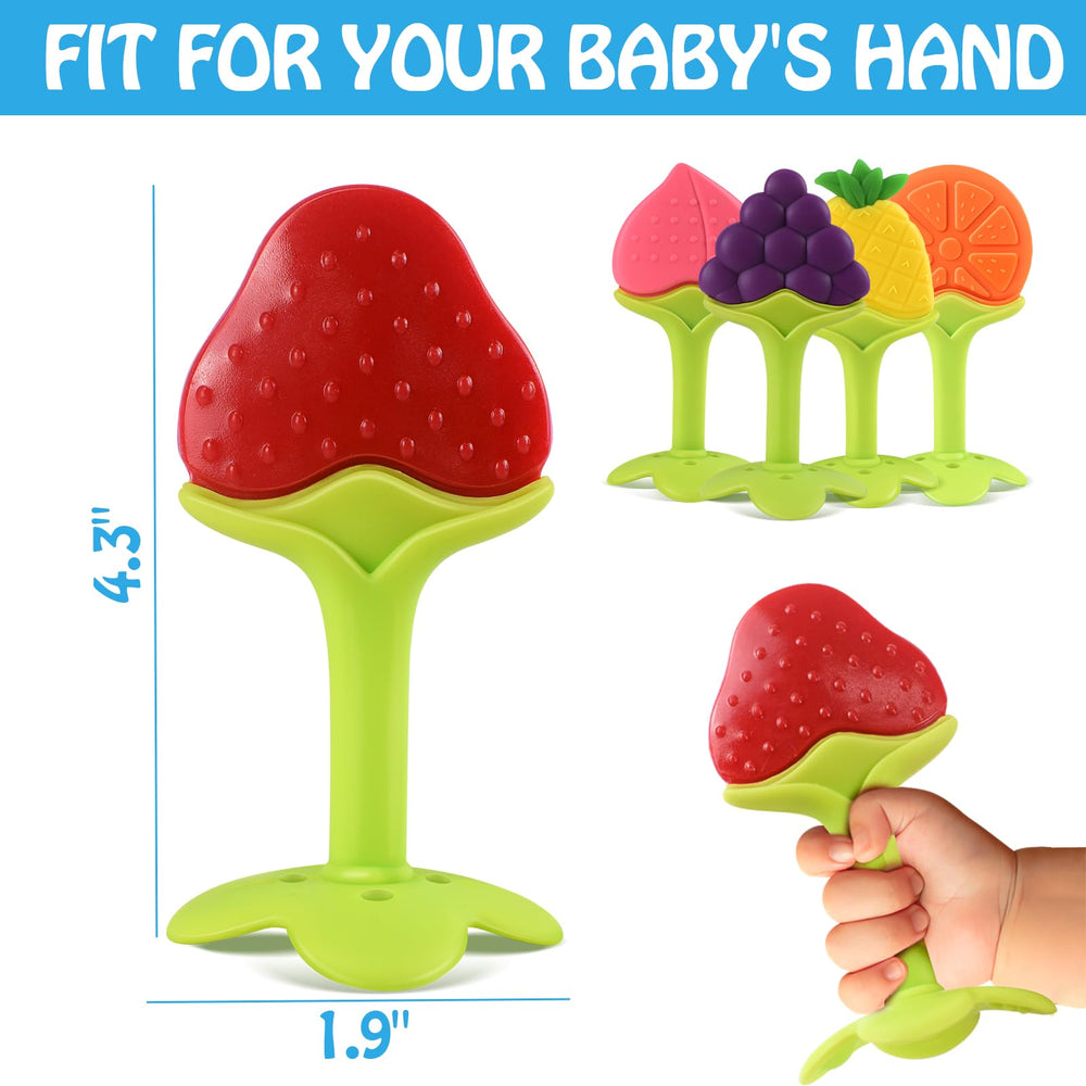 Tinabless silicone teether close-up; pliable bumps for soothing.