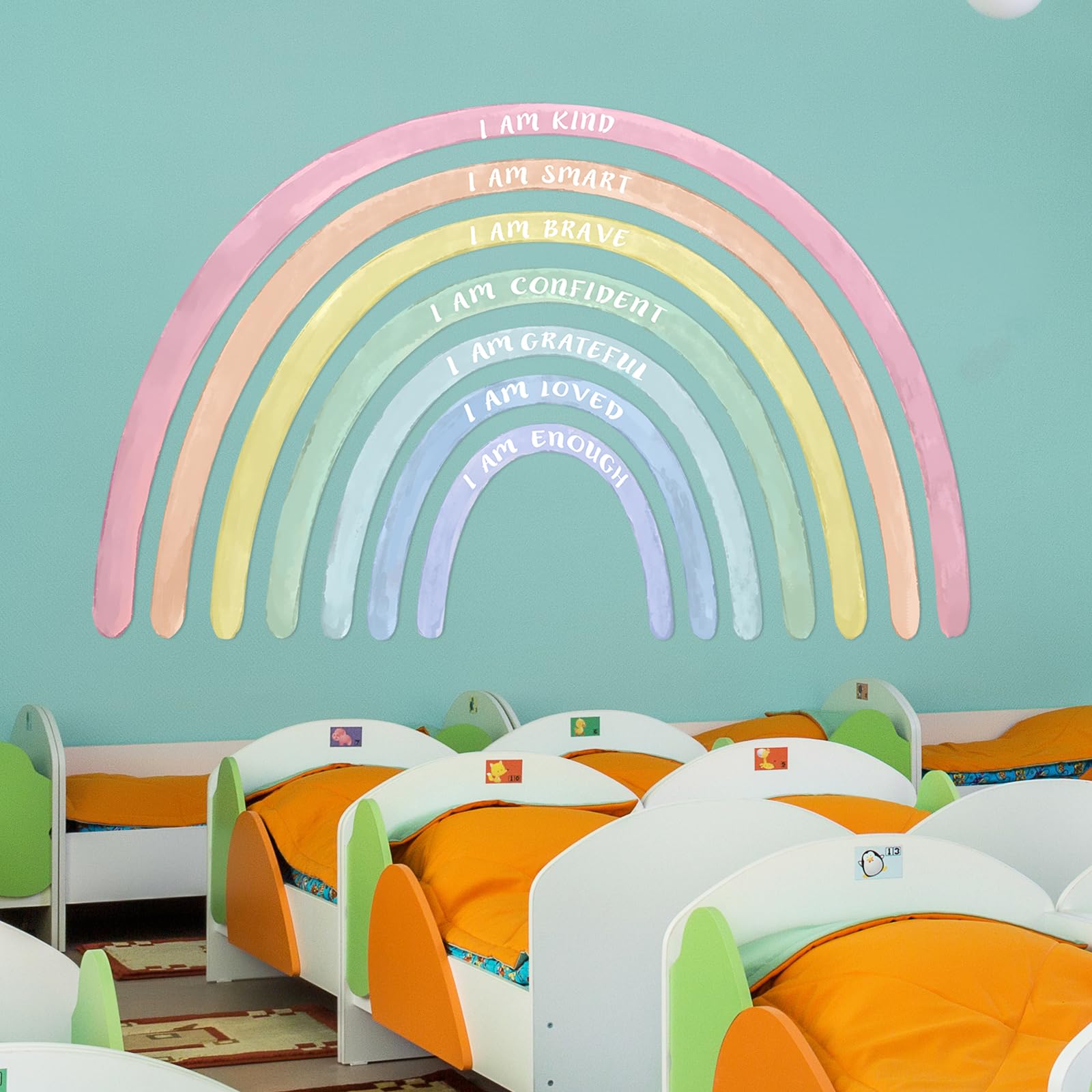 Tinideya rainbow wall decal bedroom setup creates a soothing space.