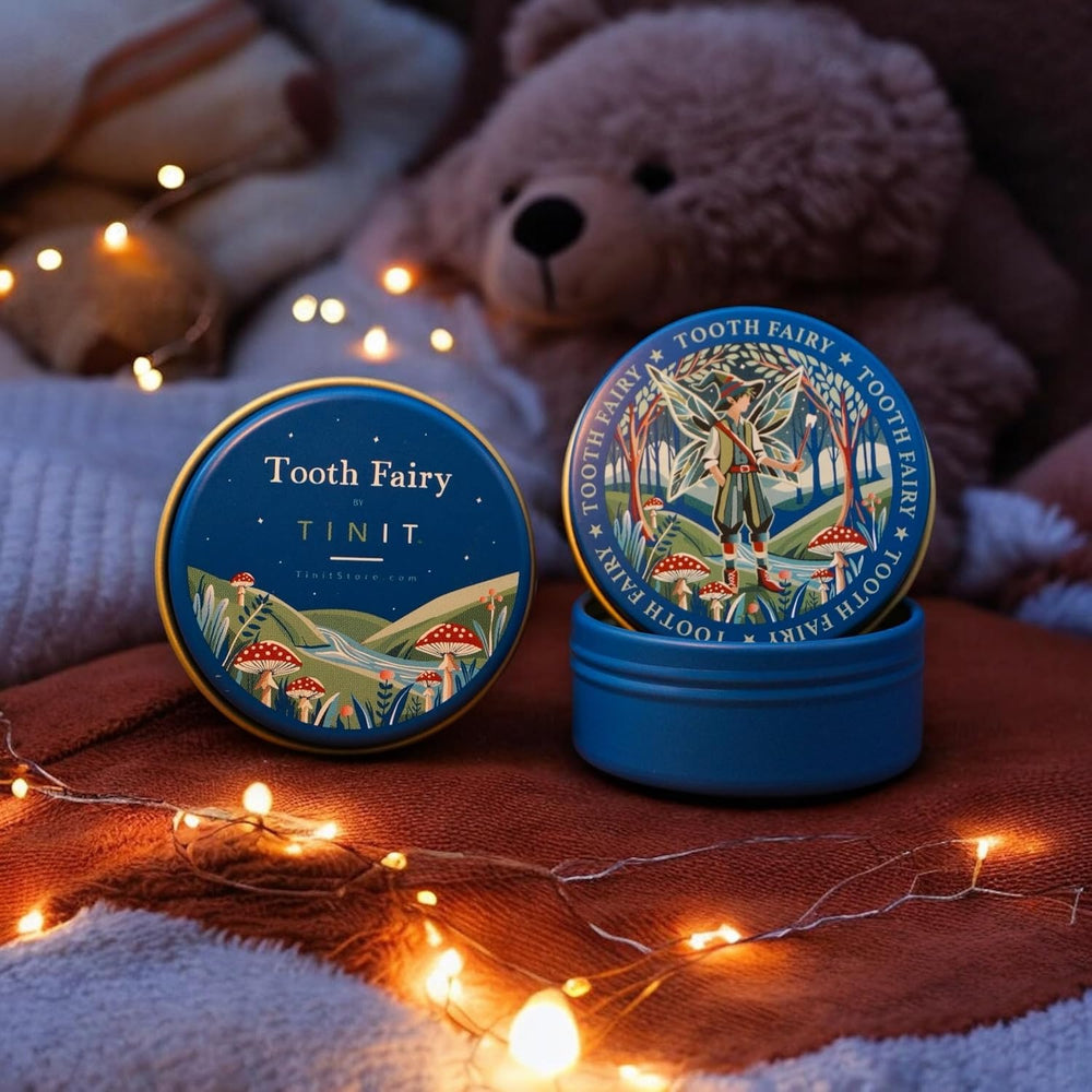 TINIT Tooth Fairy Tin opened to reveal velvet interior and gold details
