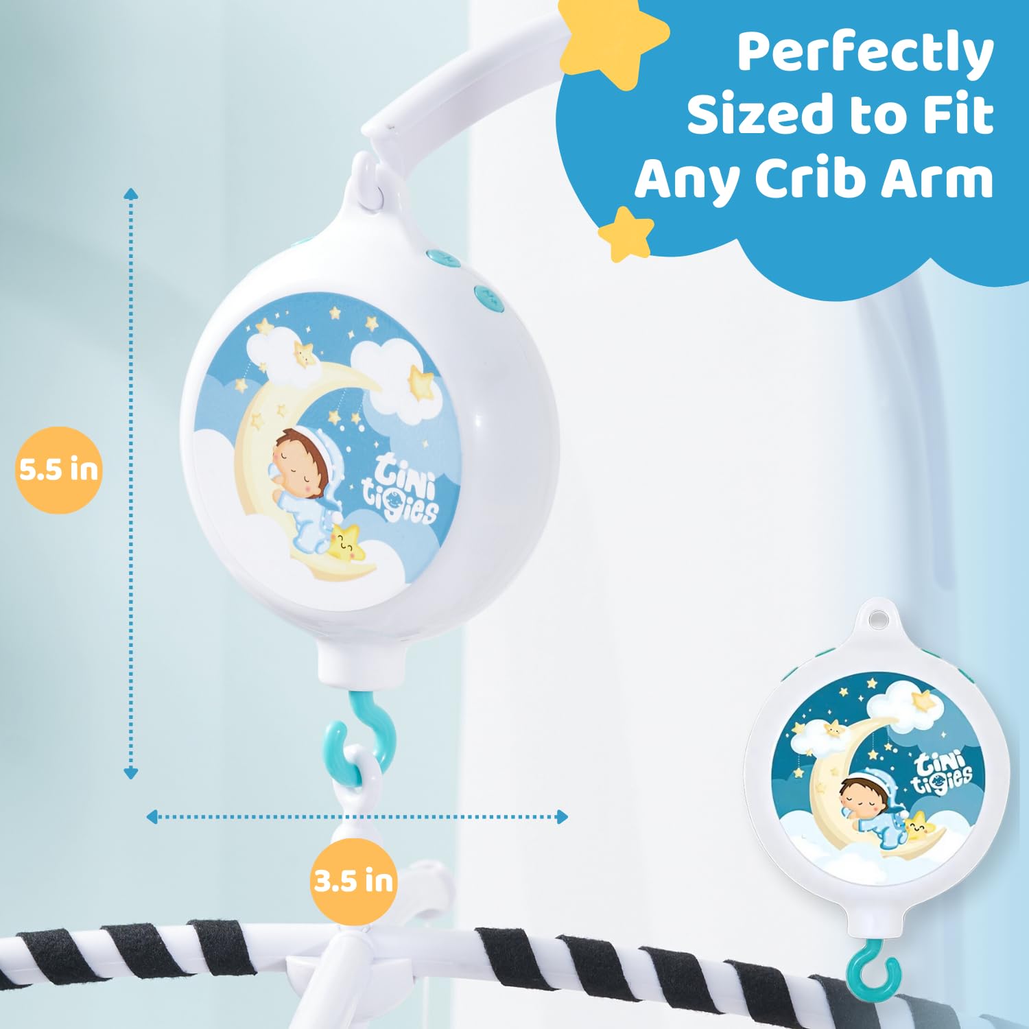 TINITIGIES crib mobile motor auto-off after 30 minutes supports nap routines.