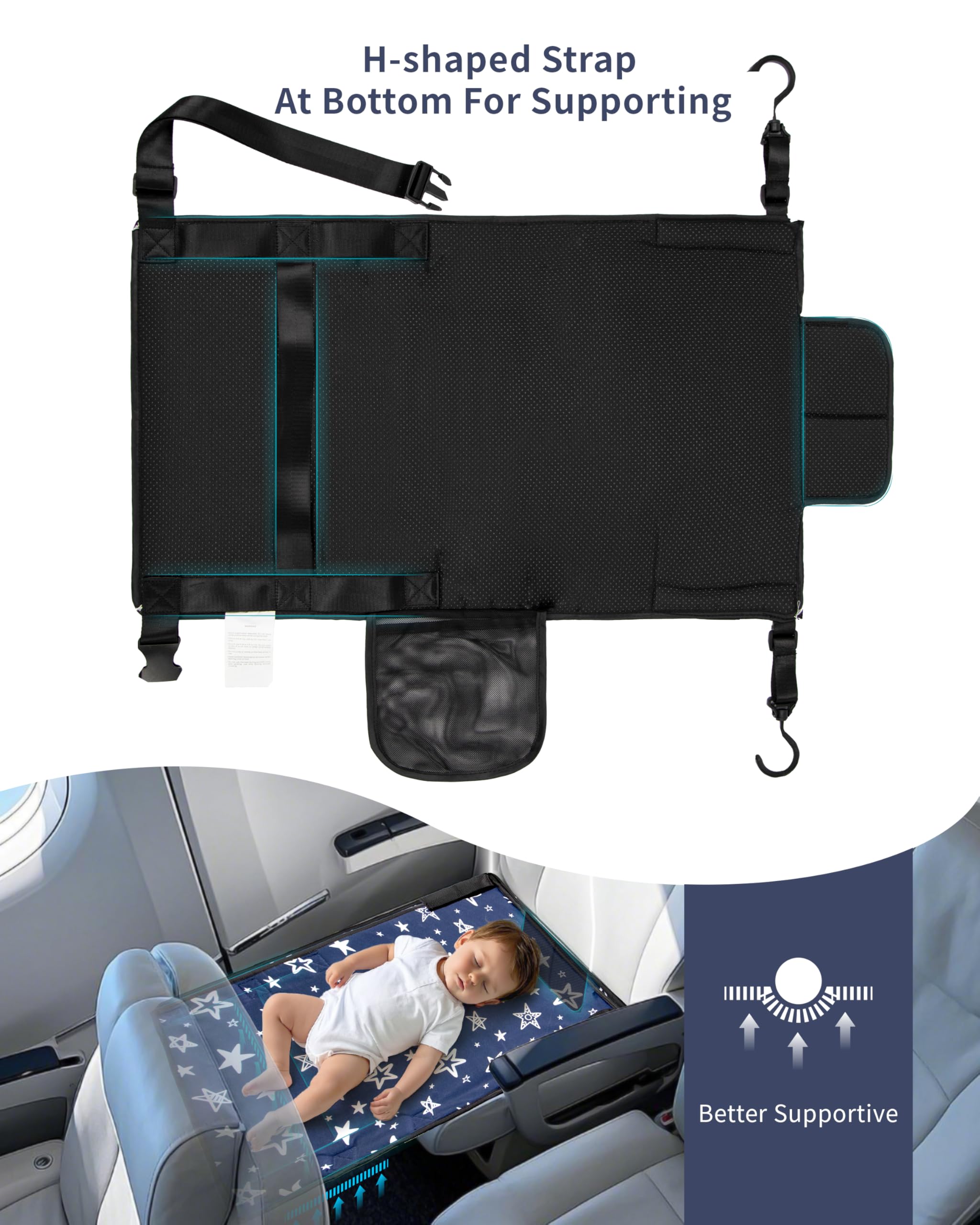 TinlyFinly airplane-seat-extender close-up highlights secure, spacious kid-friendly resting area.