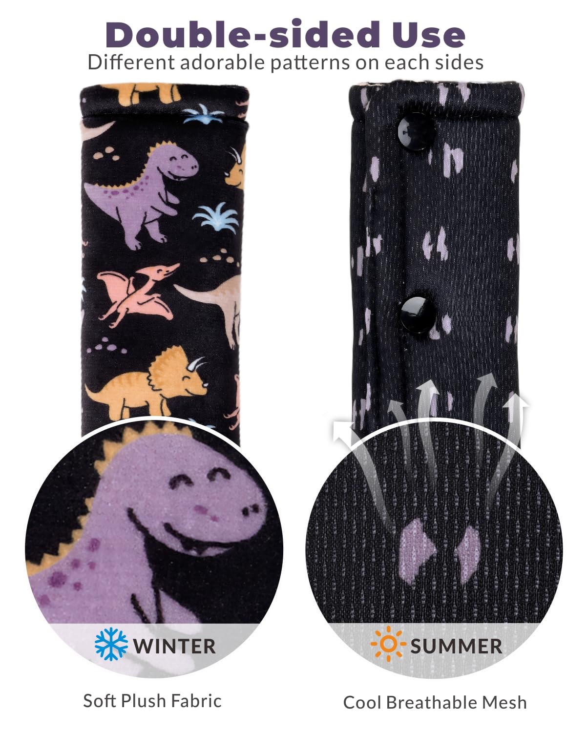TinlyFinly Dinosaur stroller strap cover protects straps during outings.