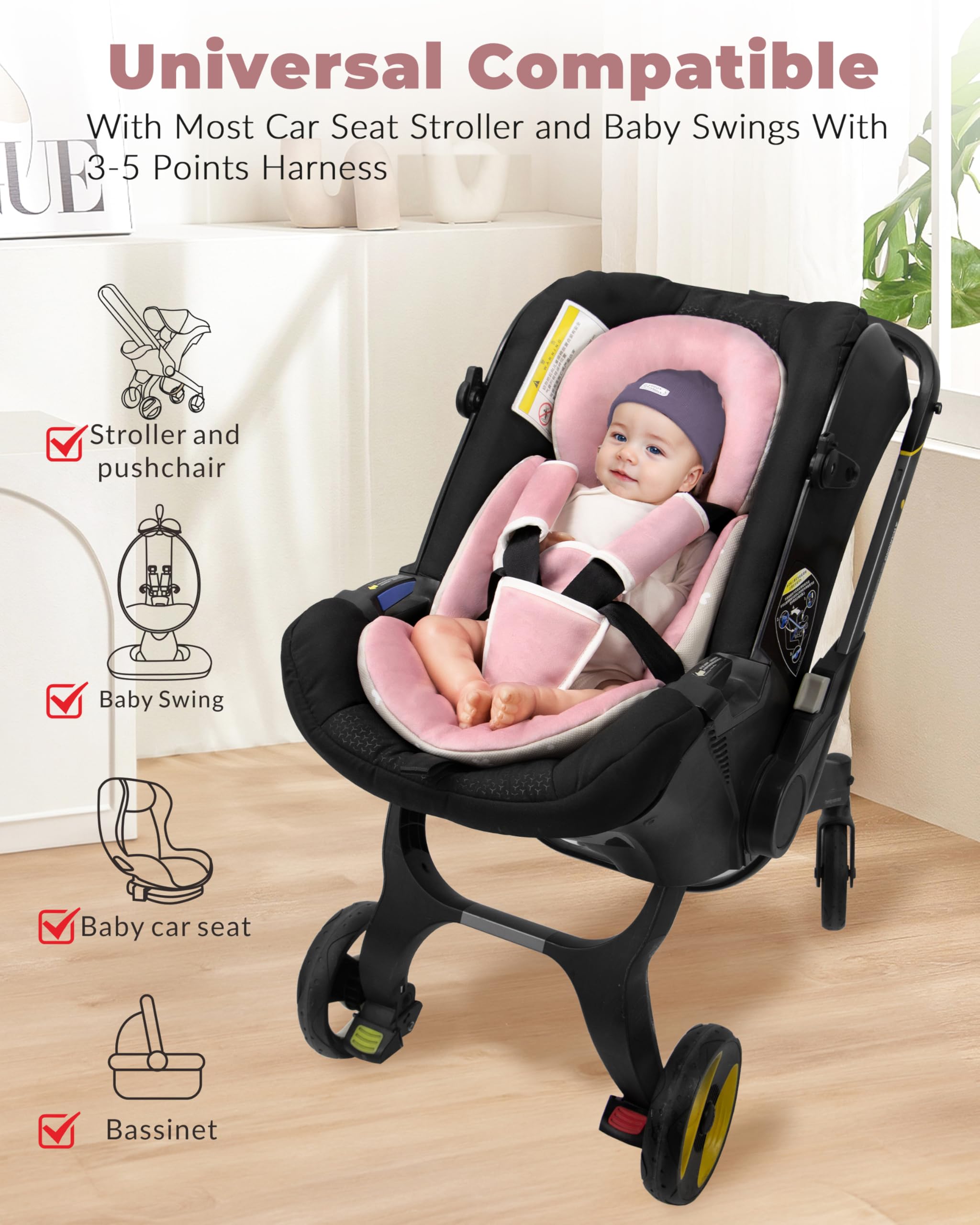 TinlyFinly headpiece insert helps keep newborn heads steady during rides.