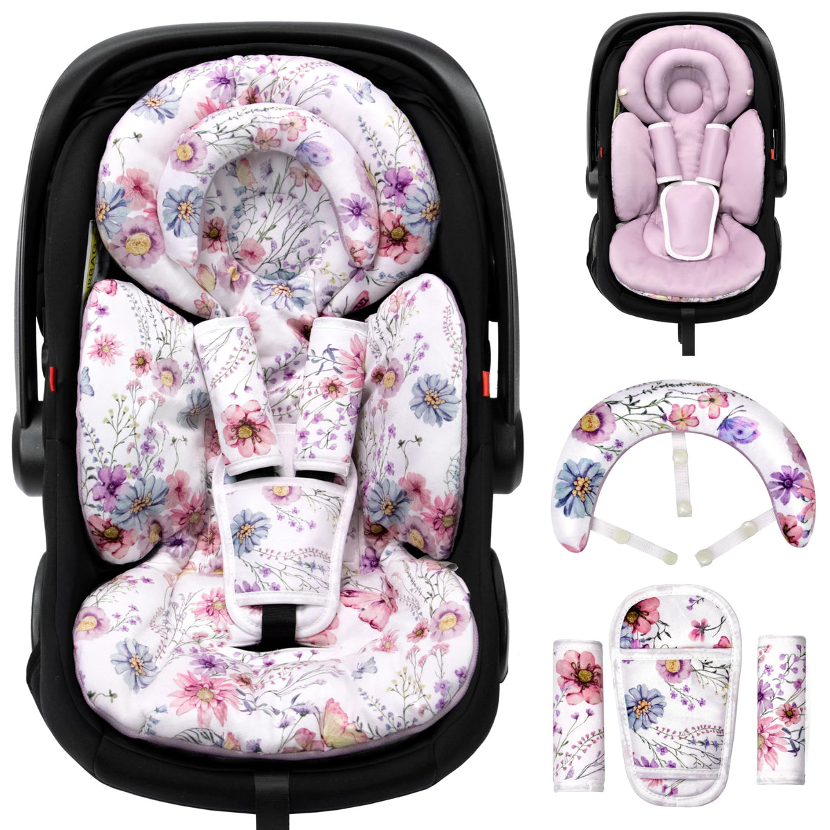 TinlyFinly infant car seat insert front view showing full padding for head-to-toe support