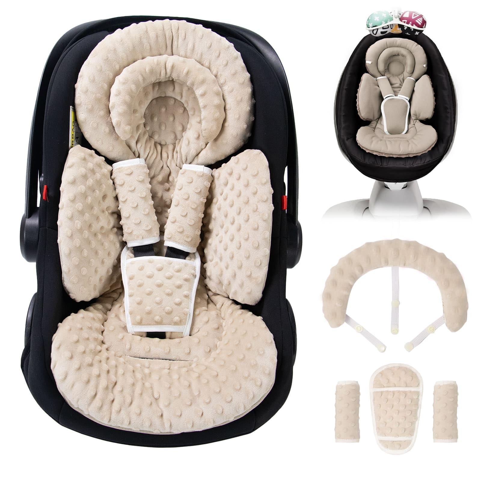 TinlyFinly infant seat insert with dots beige provides cozy head support during car rides.