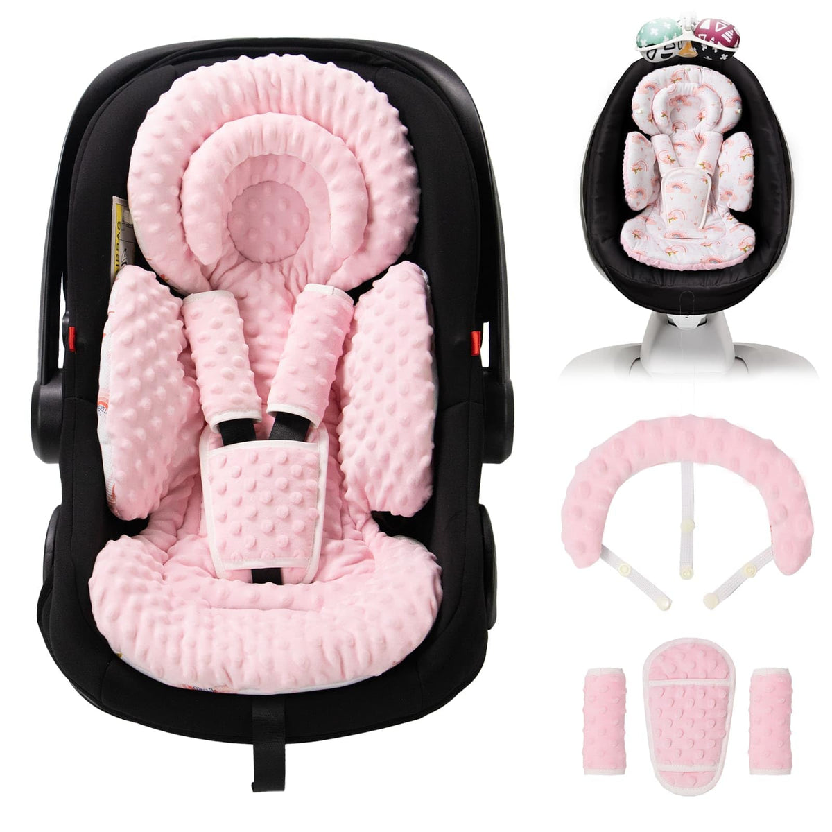 TinlyFinly pink dots infant car seat insert provides head and neck support