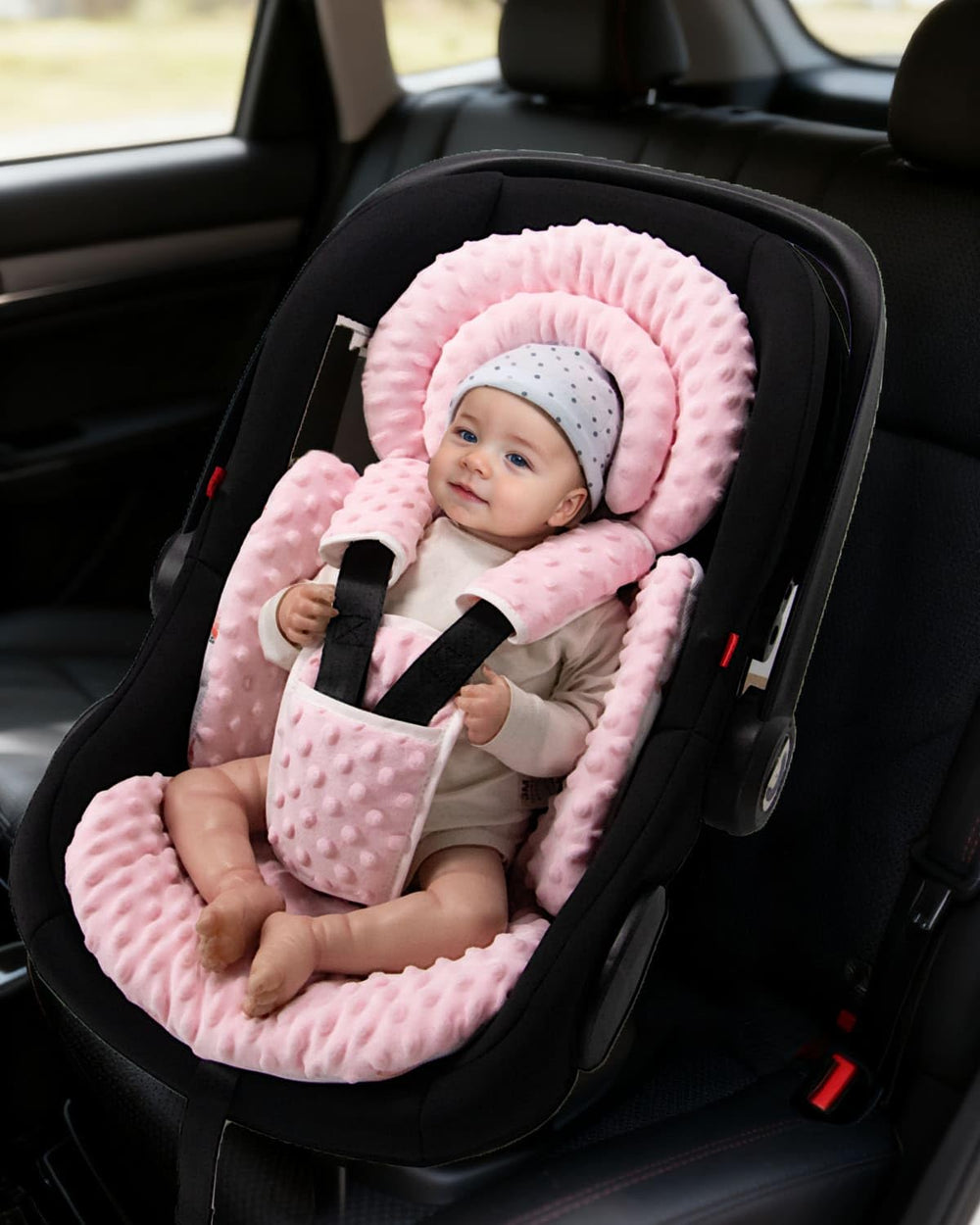 TinlyFinly pink dots insert shown with extra headpiece and strap covers