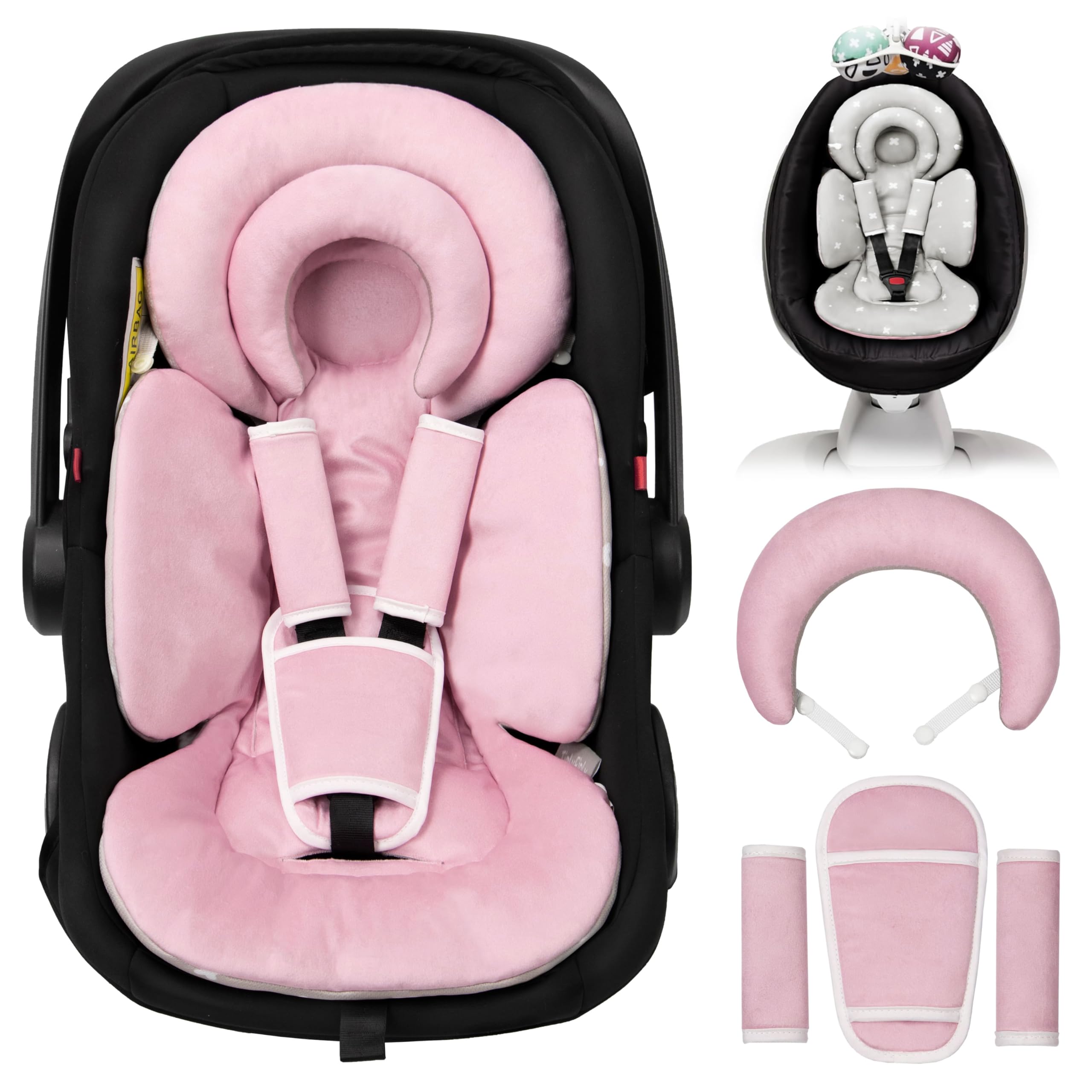 TinlyFinly infant seat insert pink provides all-season comfort and head support.