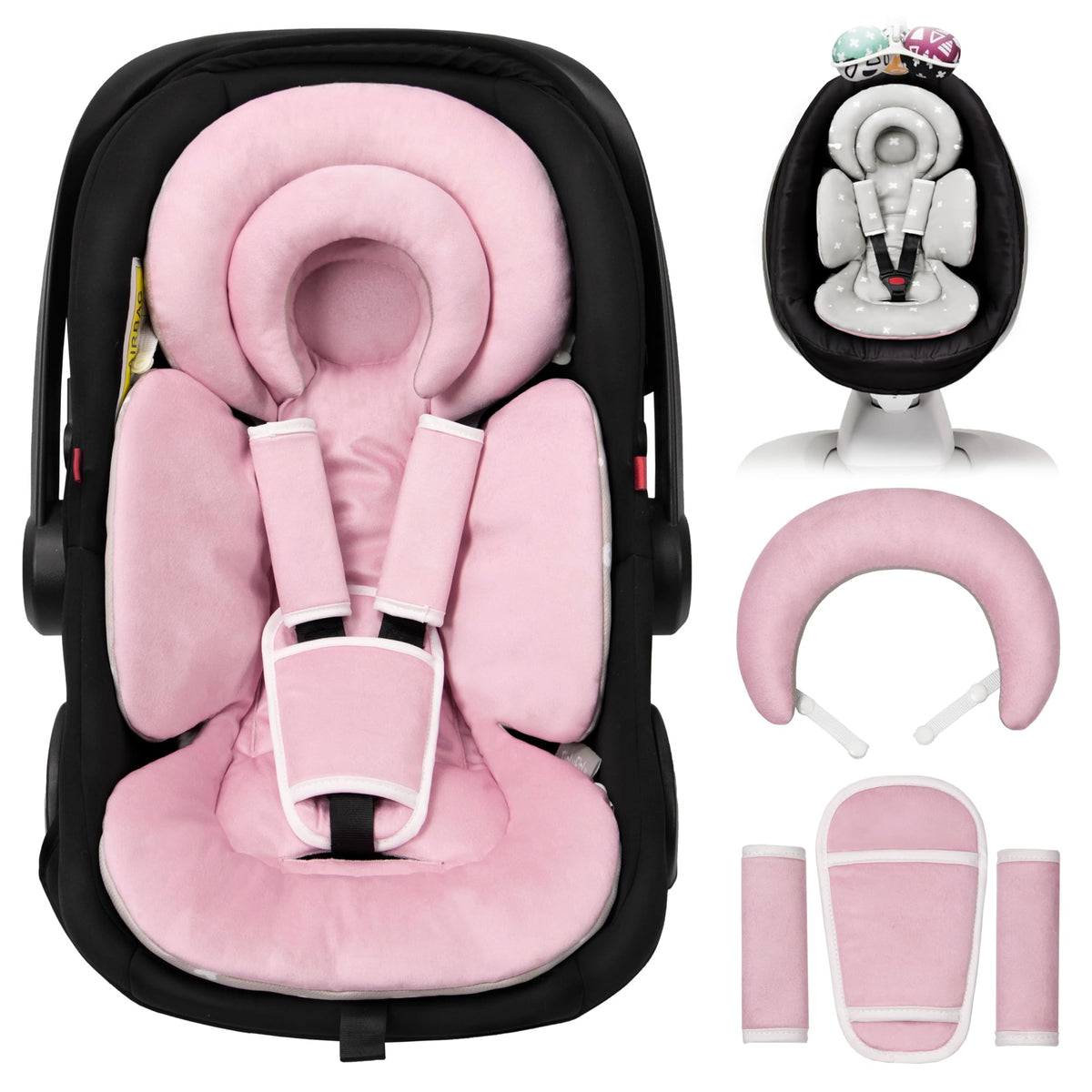 TinlyFinly infant seat insert pink provides all-season comfort and head support.