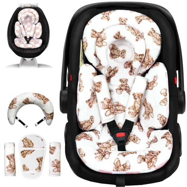 TinlyFinly teddy bear head-support provides gentle head stabilization during car rides.