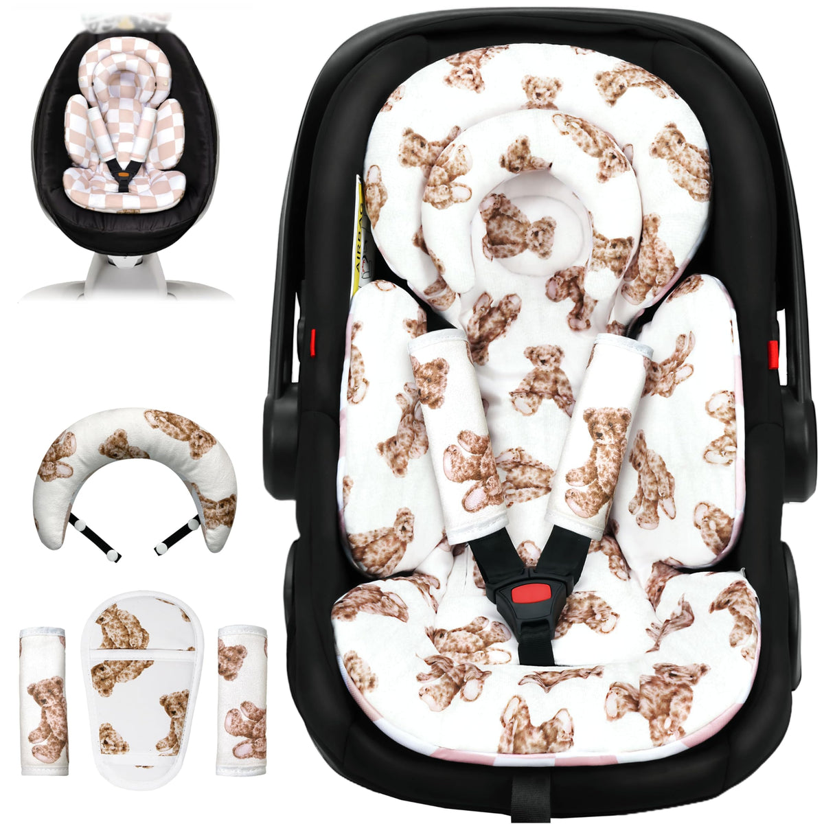 TinlyFinly teddy bear head-support provides gentle head stabilization during car rides.
