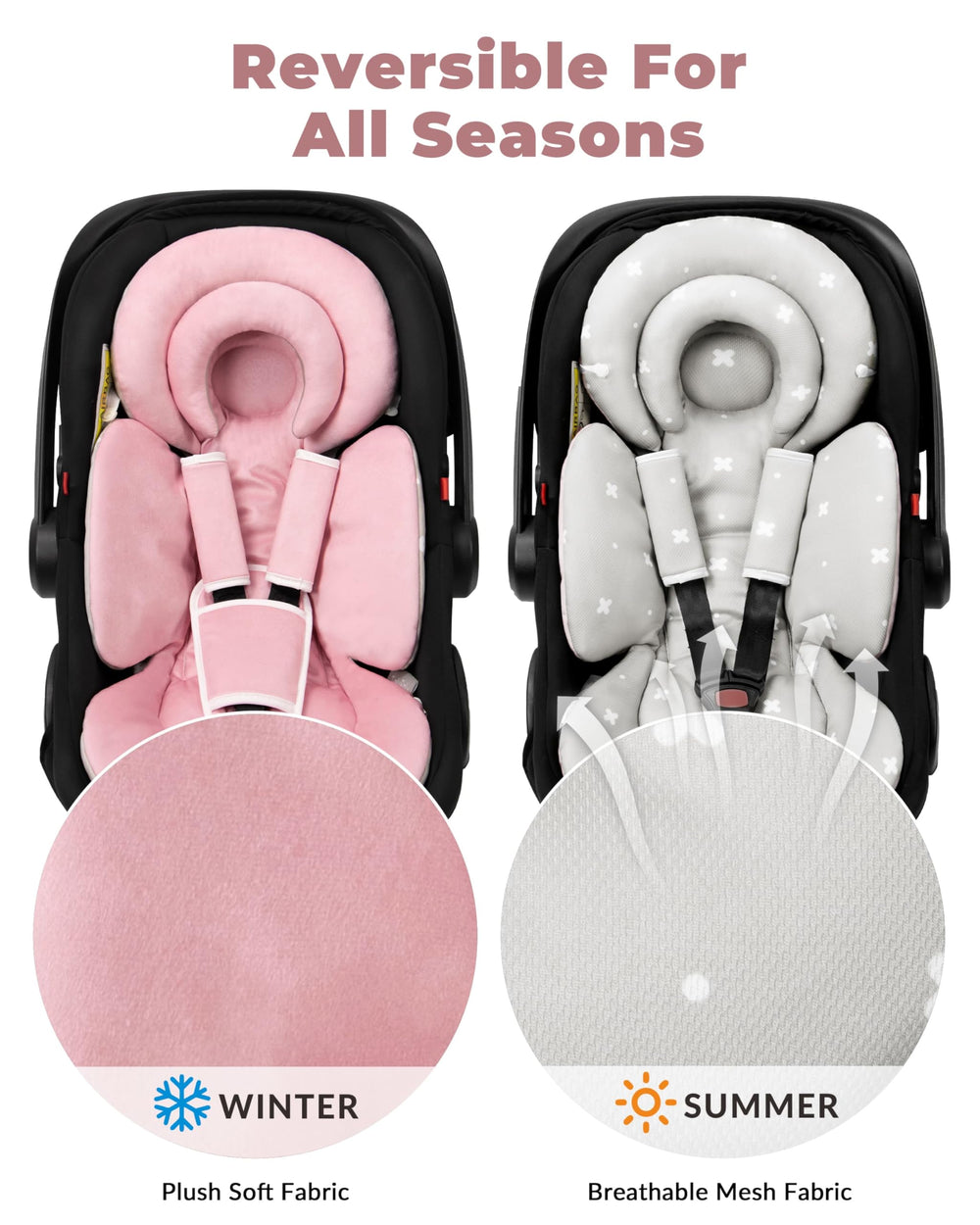 TinlyFinly reversible plush-vs-mesh insert supports seasonal comfort.