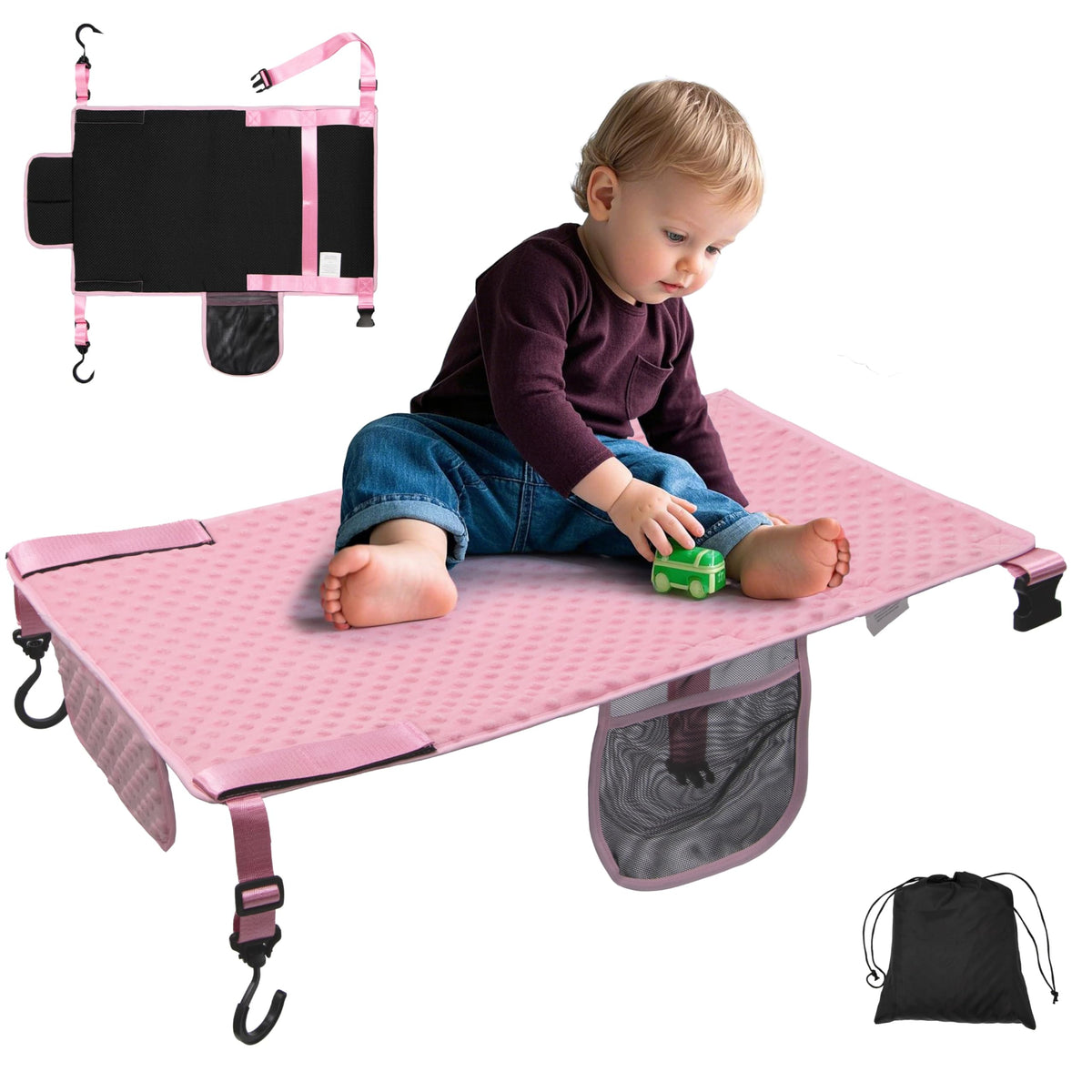 TinlyFinly toddler airplane bed fits between seats for extra space.