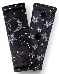 TinlyFinly two-pack car seat belt covers Black Star closeup showing plush cushioning for comfort