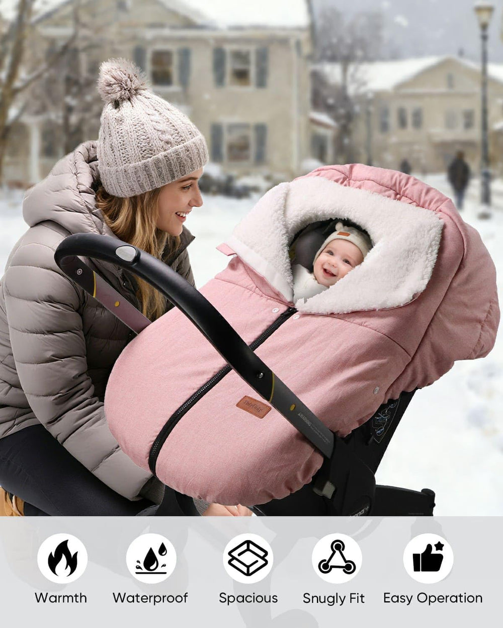 Wrapped elastic edges ensure a snug fit on most infant car seats.