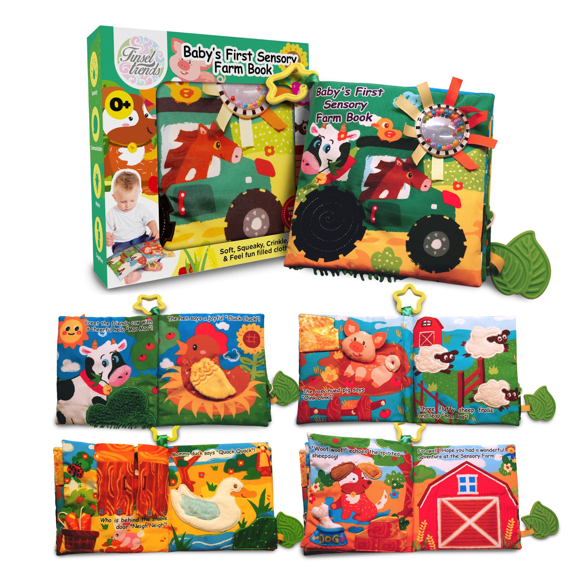 Tinsel Trends Farm Animal Busy Book cover with soft fabric and friendly farm motif.