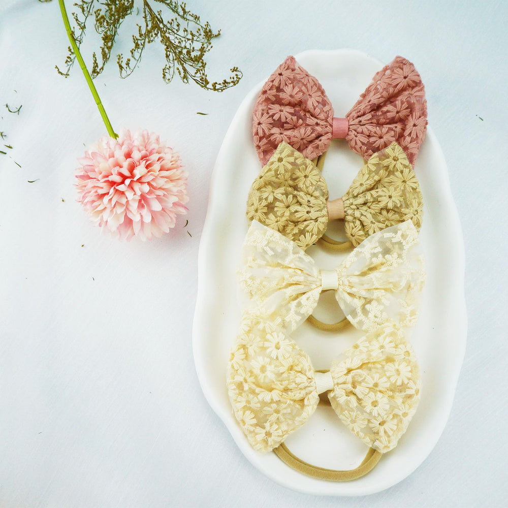 Tinsparkwin baby bow headband light brown, soft lace for everyday outfits.