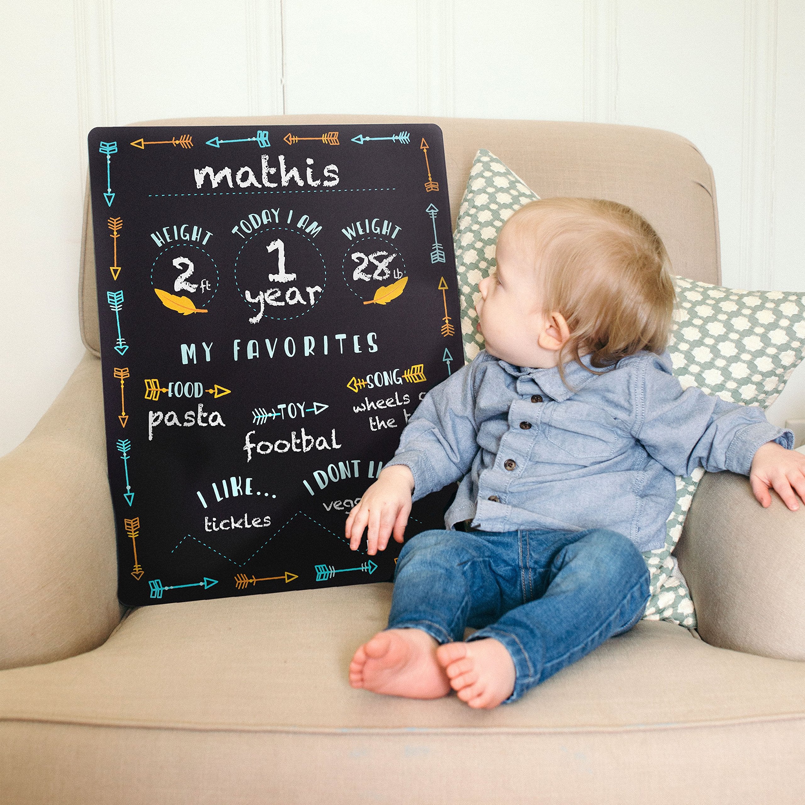 Arrows milestone chalkboard monthly section for height, weight, and favorites