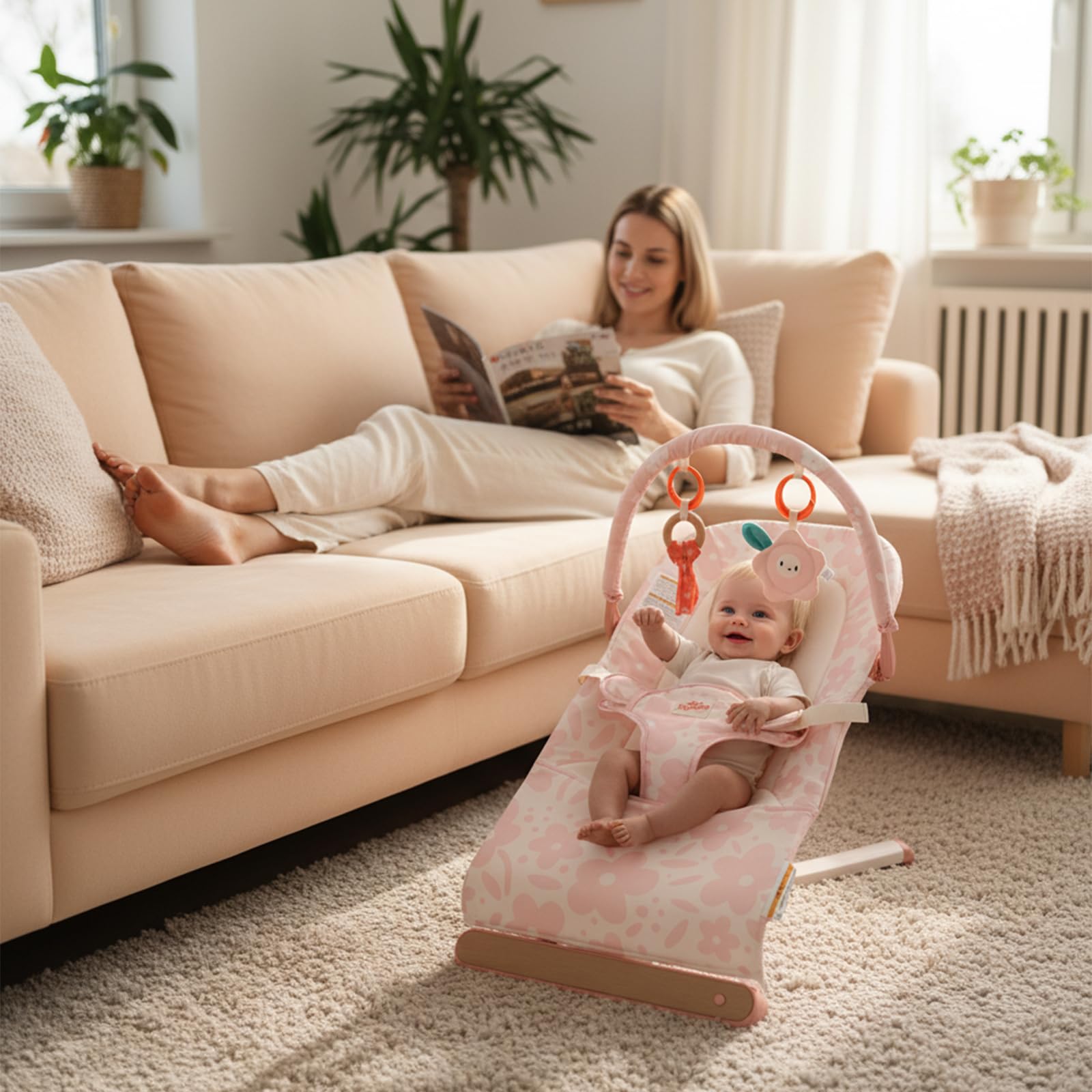 Tiny Marvels bouncer with 3-point harness enhances infant safety during play