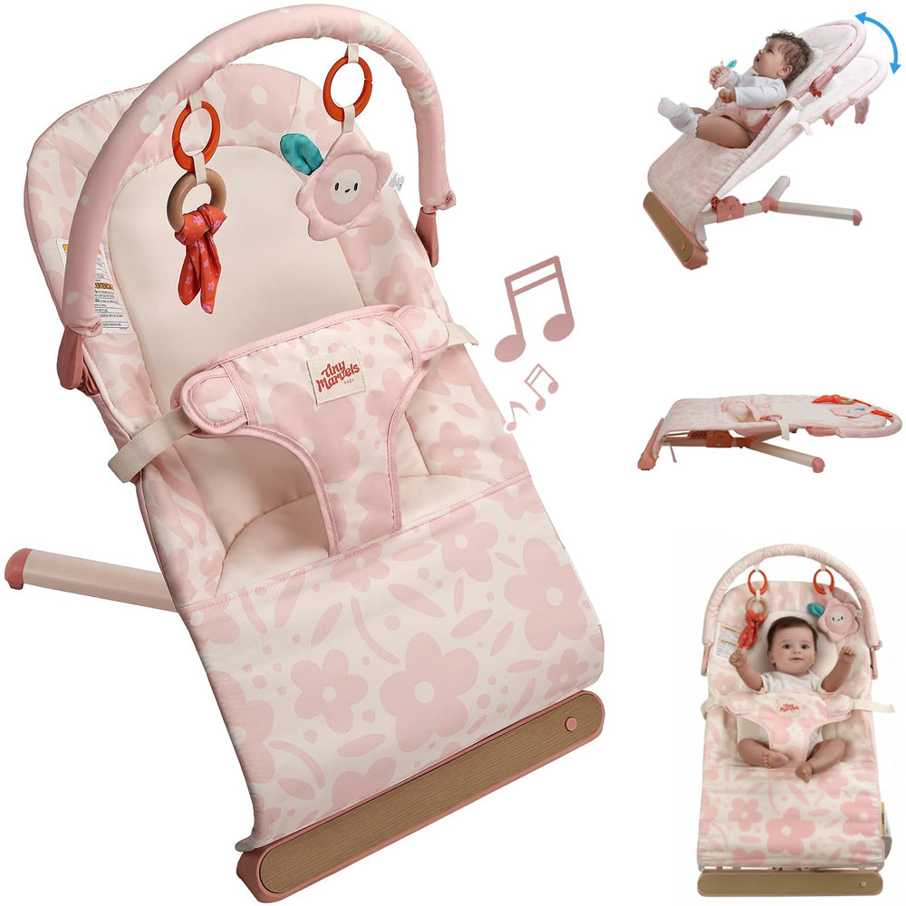 Tiny Marvels baby bouncer in pink floral pattern for a safe, soothing seat