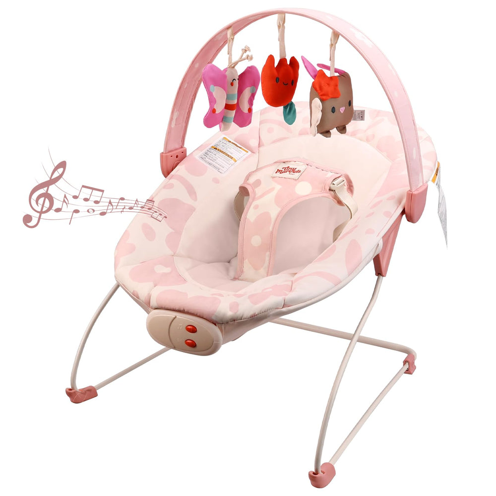Tiny Marvels Baby Bouncer front view in pink floral with soothing vibrations