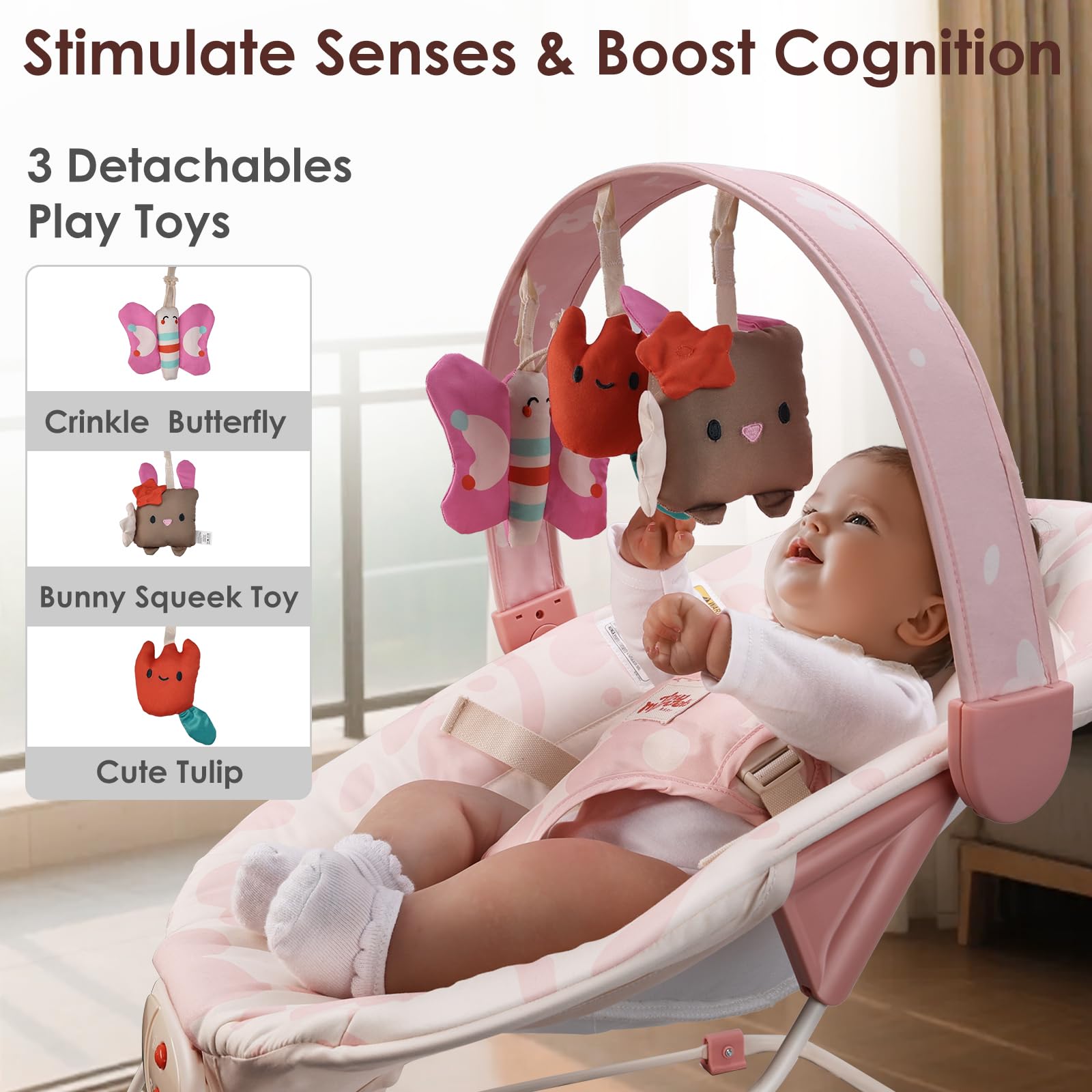 Tiny Marvels Baby Bouncer pink floral music function adds soothing melodies