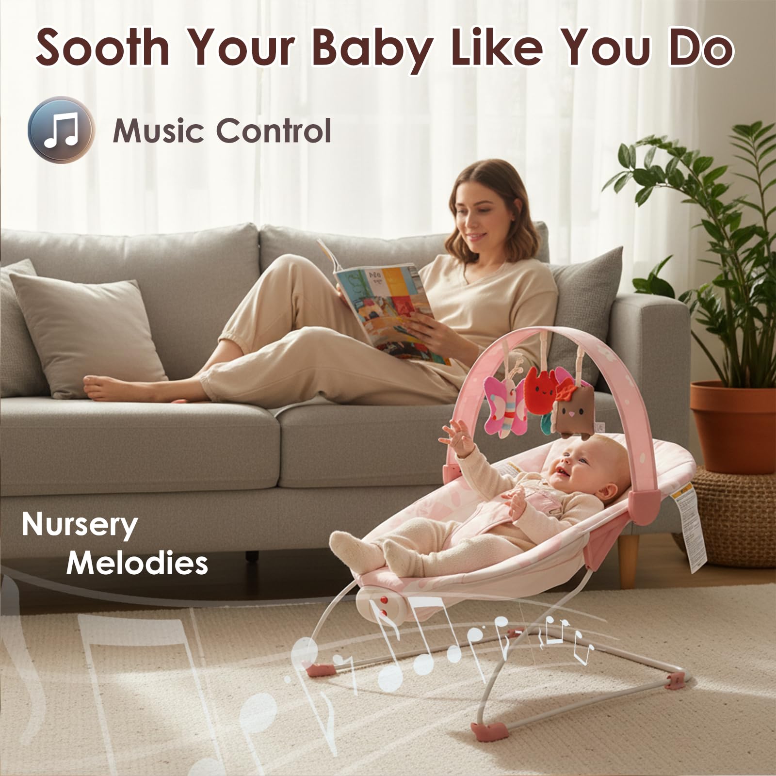 Tiny Marvels Baby Bouncer side view showing safe 3-point harness