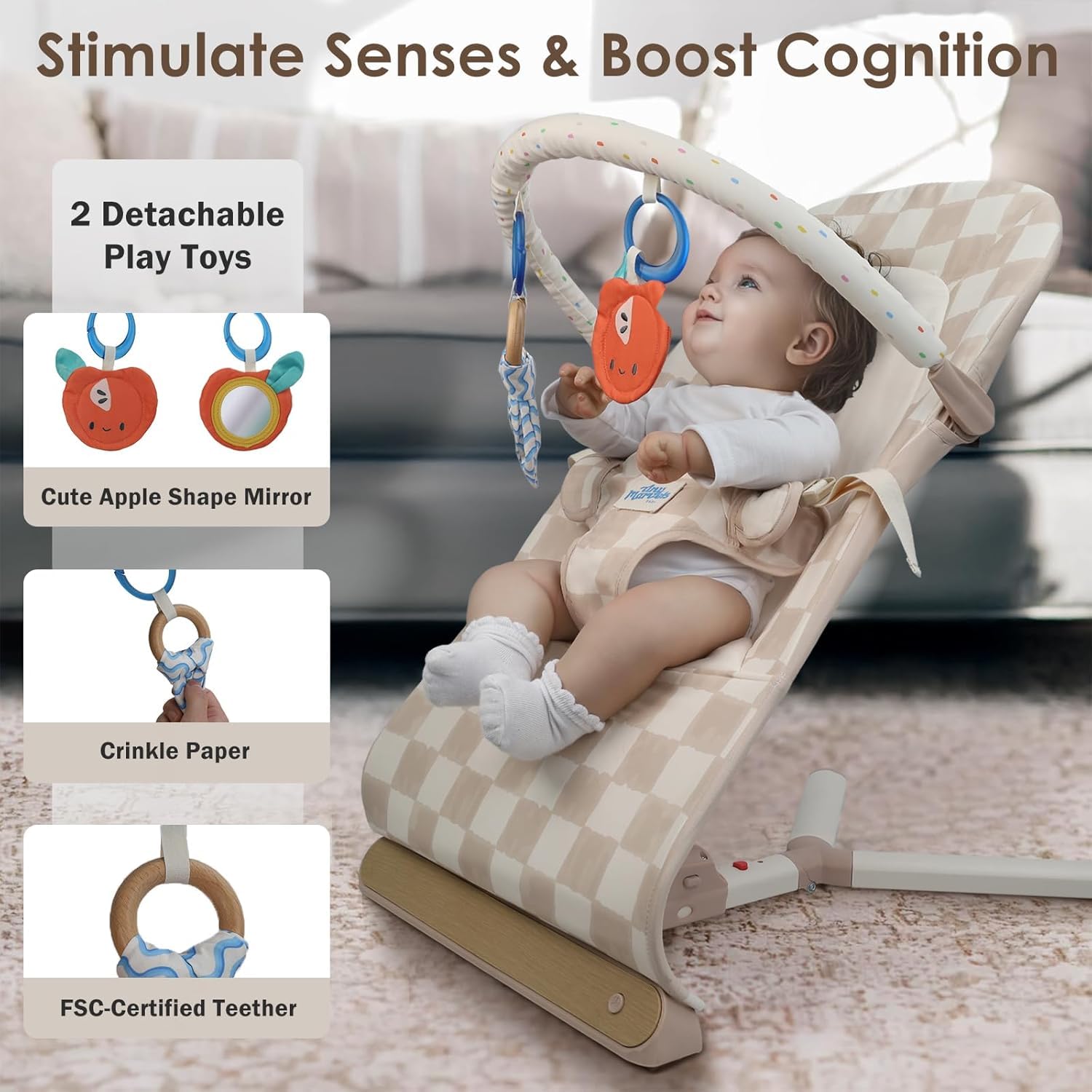 Sensory toy bar with mirror and teether encourages exploration.