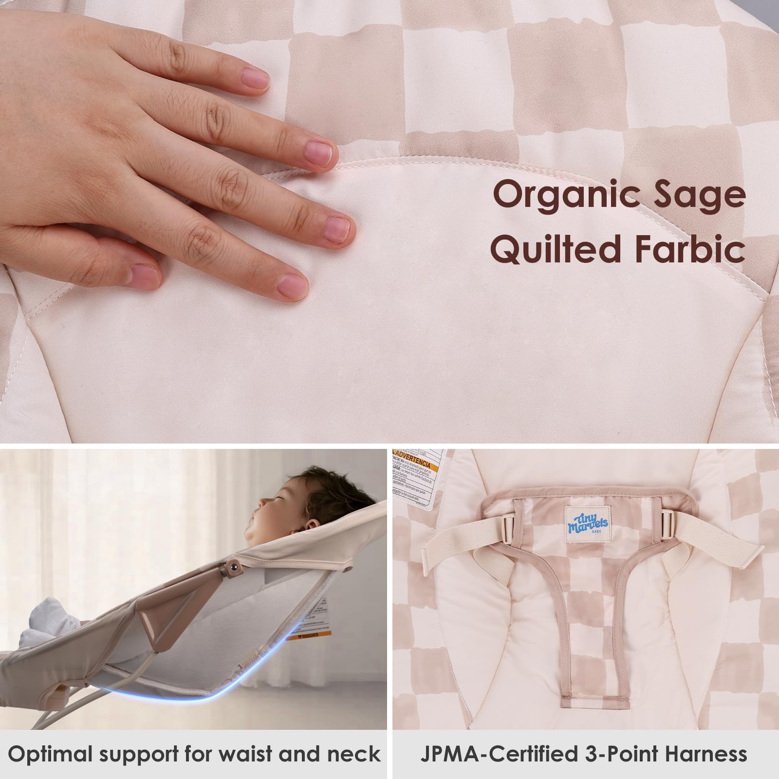 Tiny Marvels bouncer vibration mode soothes fussy moments softly.