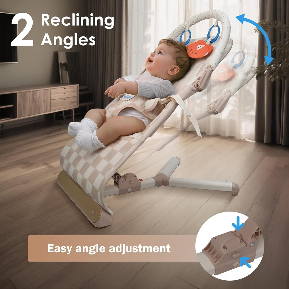 Removable toy bar and machine-washable pad for easy cleaning.