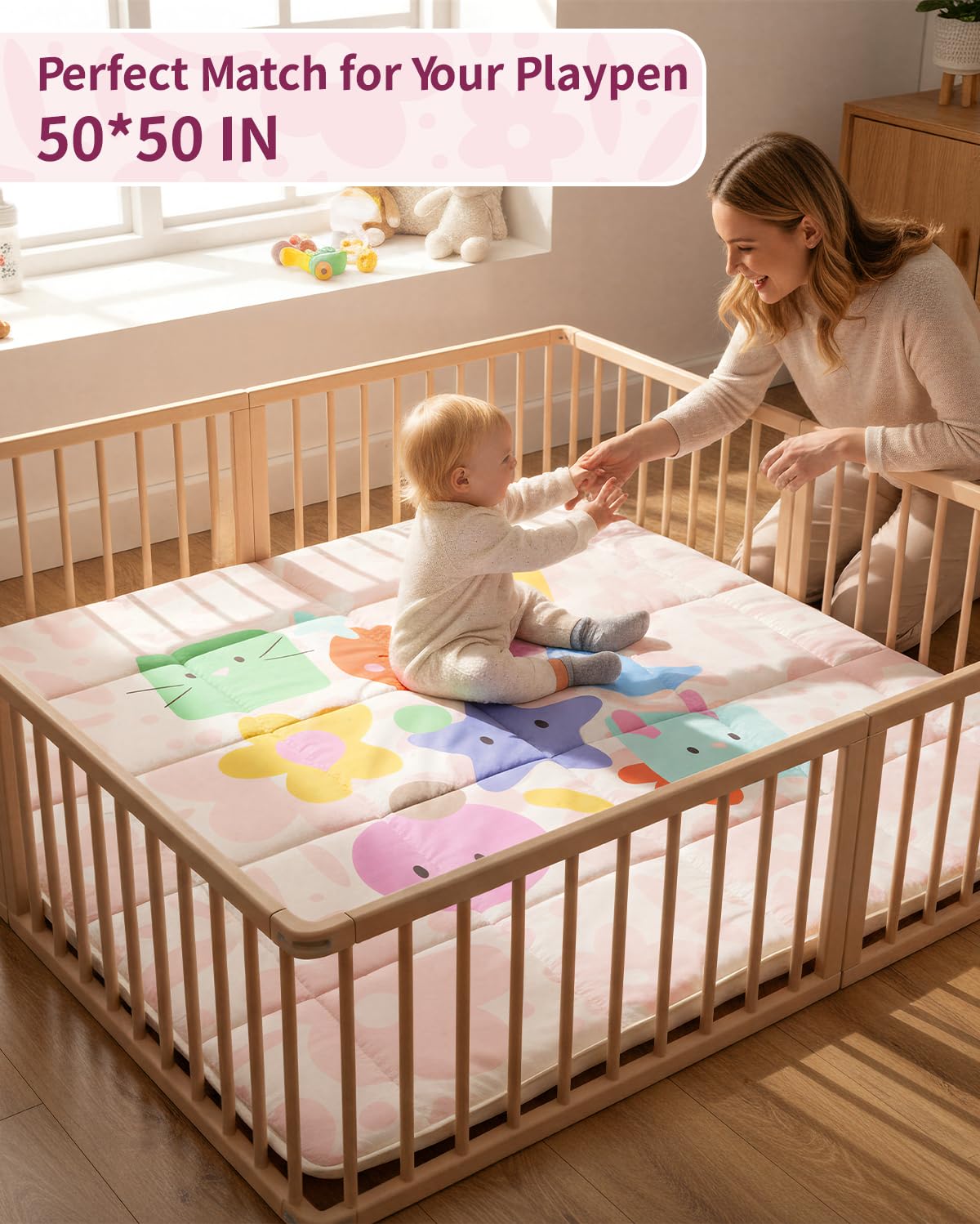 Tiny Marvels baby play mat is machine washable for easy cleanup.