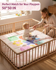 Tiny Marvels baby play mat is machine washable for easy cleanup.