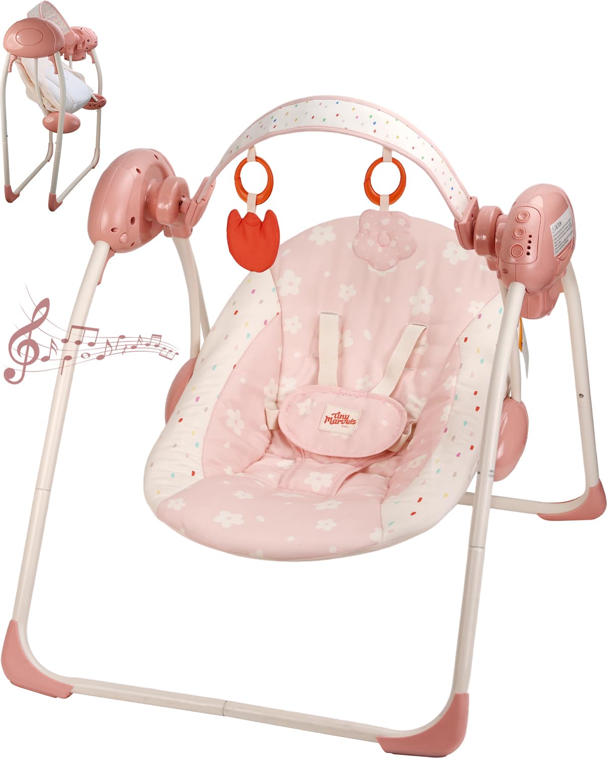 Tiny Marvels baby swing with blush bloom cover for soothing motion.