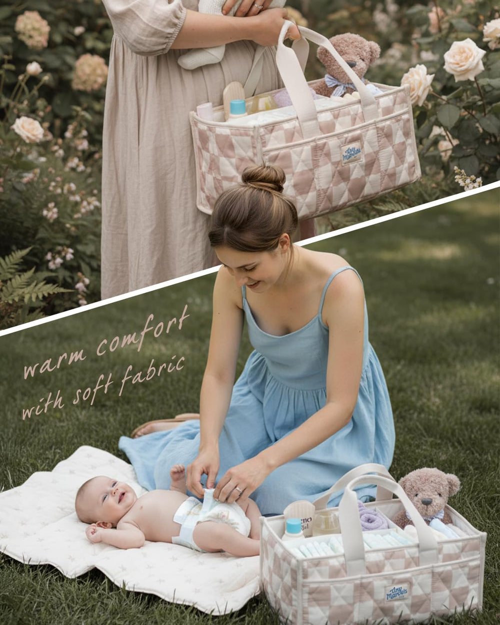 Diaper caddy with handles and removable dividers for flexible layouts