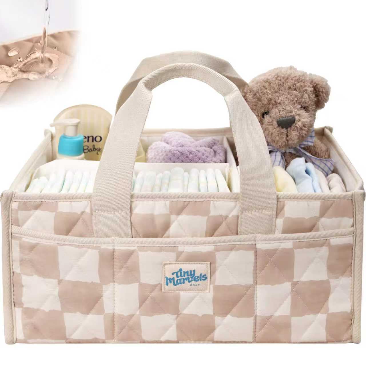 Tiny Marvels diaper caddy with water-repellent fabric keeps essentials dry and ready
