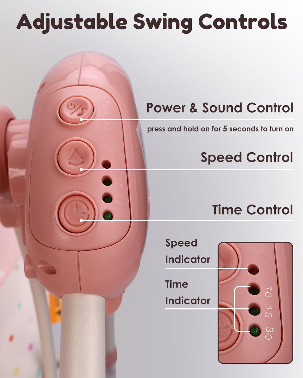 Tiny Marvels lullabies with adjustable volume create a soothing soundscape.