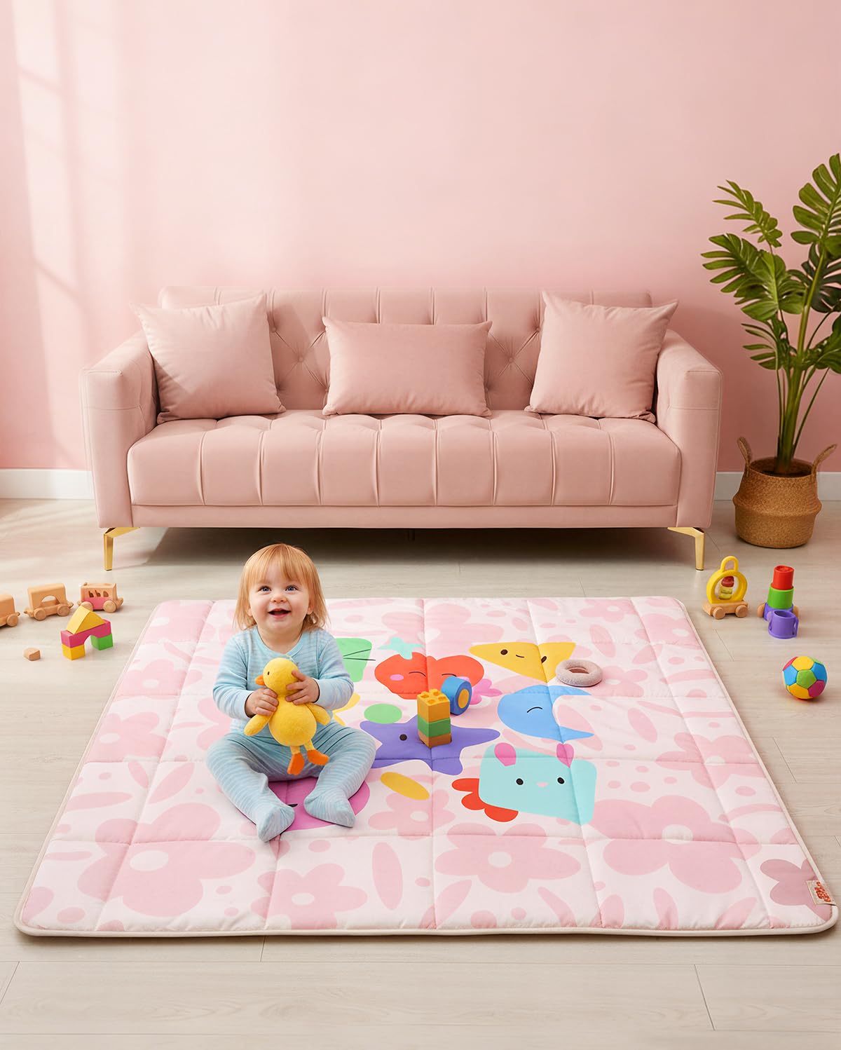 Tiny Marvels pink floral play mat folded for quick storage and transport.