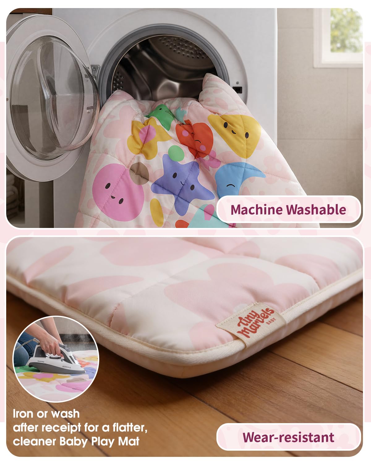 Tiny Marvels pink floral mat stored neatly with clip-and-roll design.